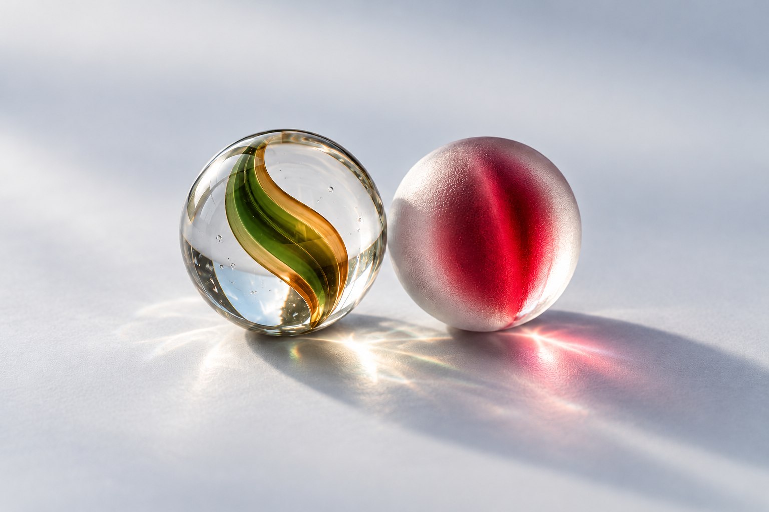 Two glass marbles, one hazel green with golden-brown swirls and one frosted ruby red, in soft studio light
